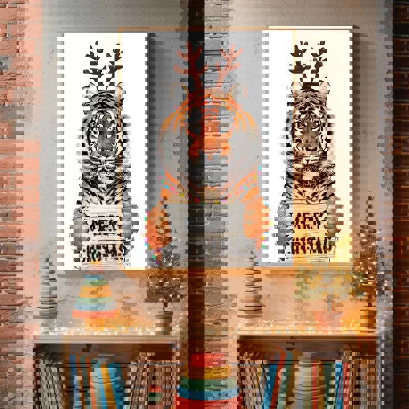 Christmas tiger canvas, whimsical illustration with stars, stockings, and garland, square format for playroom wall decor