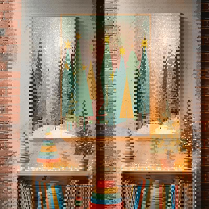 Whimsical Christmas mountain scene canvas in bold, bright palette, snowy ridges and evergreens, art for nursery decor