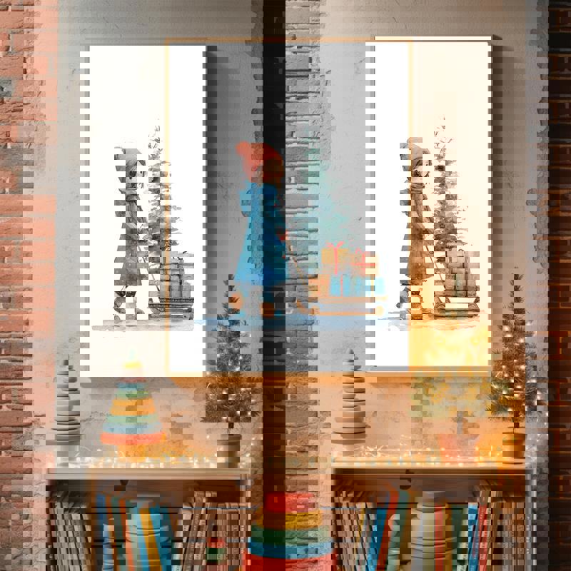 Whimsical watercolor girl with sled and presents canvas, playful Christmas wall art for child’s bedroom or playroom