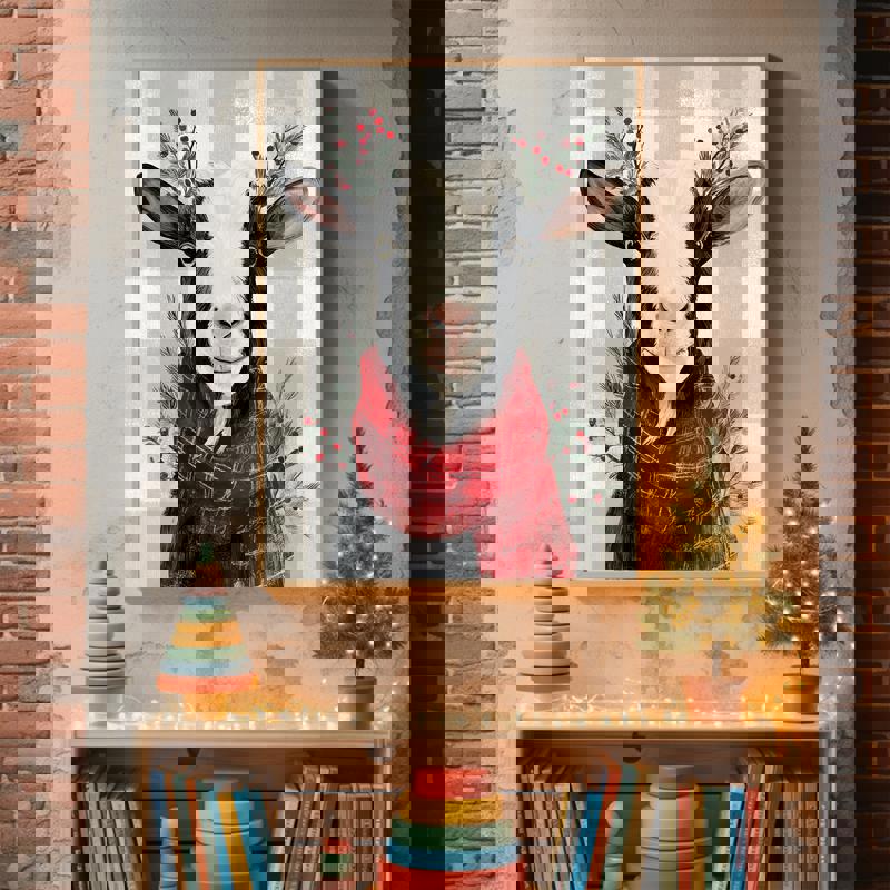 Xmas goat canvas print for kids' playroom, charming holiday wall art featuring a friendly goat and seasonal decorations