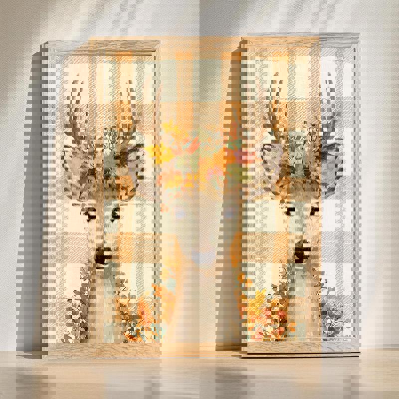 Autumn deer canvas wall art in festive farmhouse style, warm fall tones, cute woodland scene for kids' room or nursery decor. | Family Wall Decor