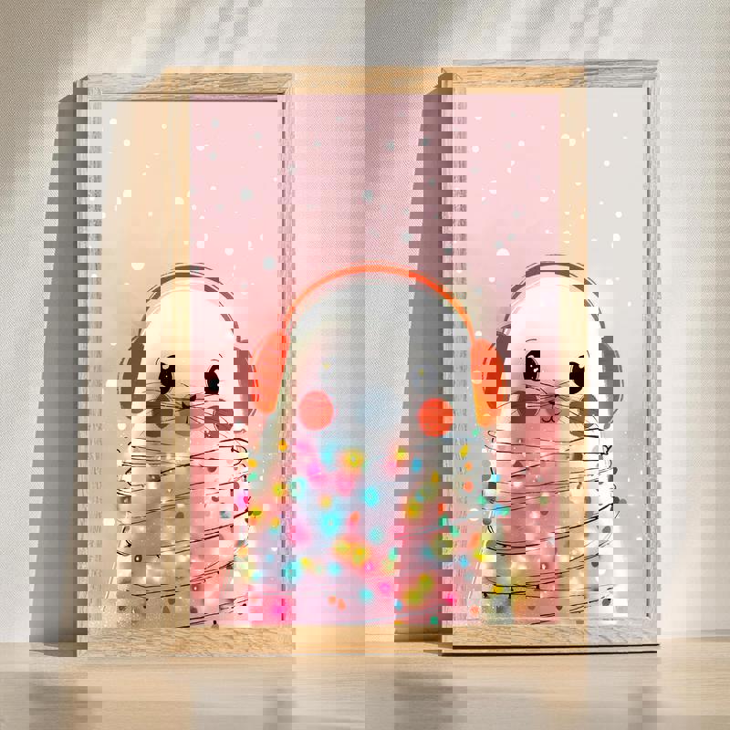 Christmas seal canvas, kawaii portrait with Santa hat and red scarf on pastel blue, snowflakes, sweet kids room winter decor | Family Wall Decor