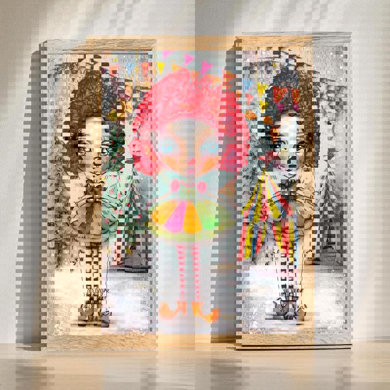 Christmas clown girl canvas wall art, whimsical festive illustration for kids' room decoration, charming holiday nursery decor | Family Wall Decor