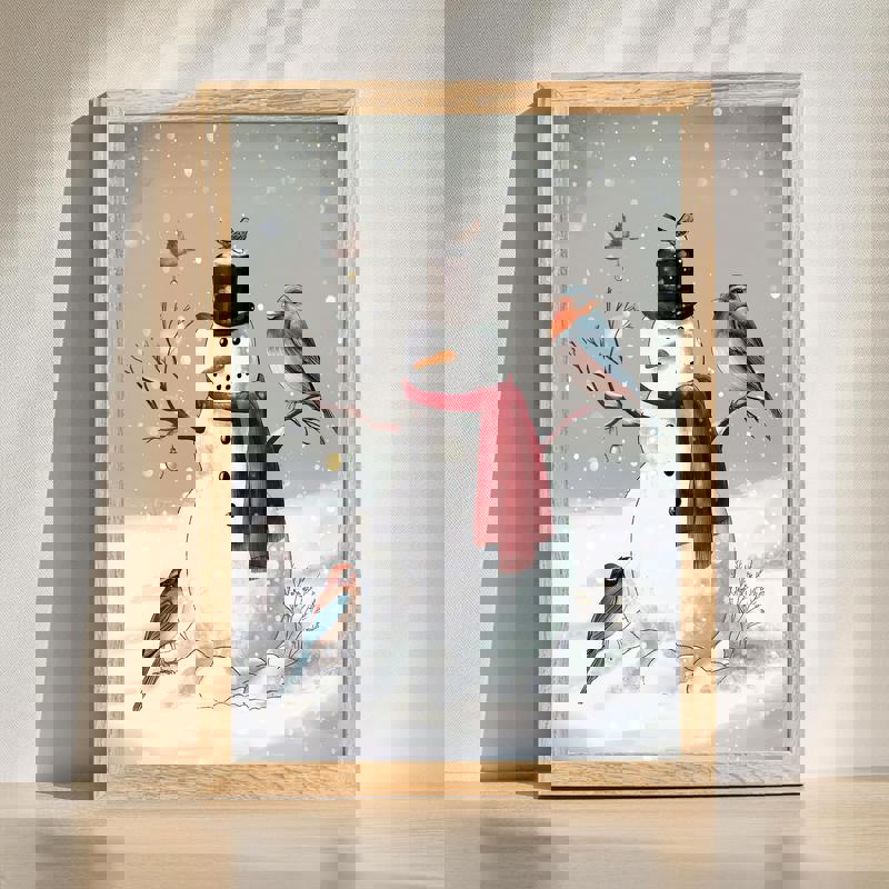 Christmas snowman canvas wall art with red scarf, carrot nose, falling snow; whimsical portrait for kids' holiday room decor | Family Wall Decor