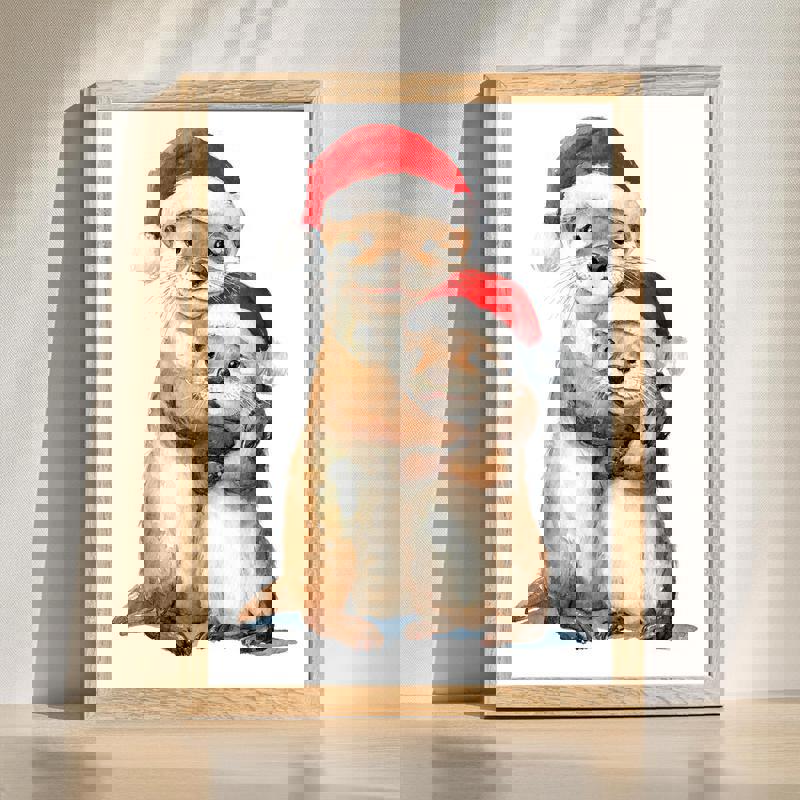 Christmas otter mother and baby canvas wall art in Santa hats, cute holiday decor for a kid’s room, illustrated style