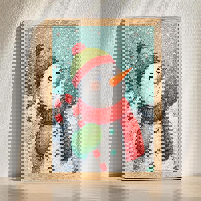 Cute snowman canvas watercolor wall art for kids' room, winter holiday decor featuring a friendly snowman and snowflakes. | Family Wall Decor