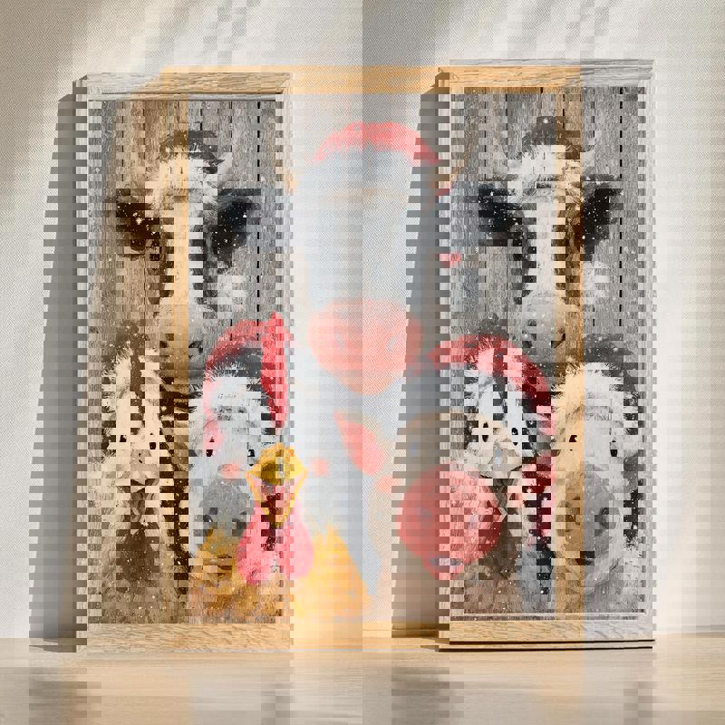 Funny farm animal Christmas trio canvas wall art featuring three festive barnyard friends in Santa hats, for kids' room decor | Familywalldecor