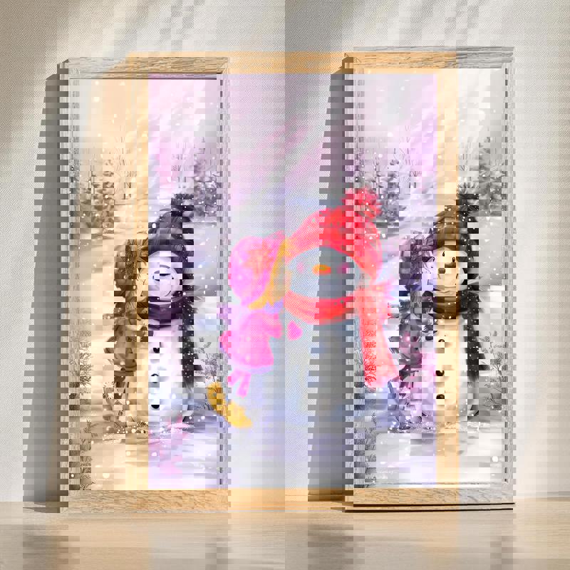 Girl kissing snowman canvas wall art, cute winter scene for kid's room decor, pastel colors, whimsical style | Family Wall Decor