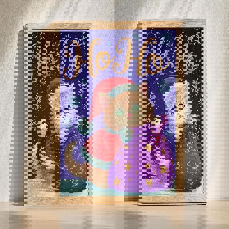 Ho Ho Cat Santa canvas, kawaii Christmas wall art for kids’ room, pastel palette, red hat and snowflakes, portrait | Family Wall Decor