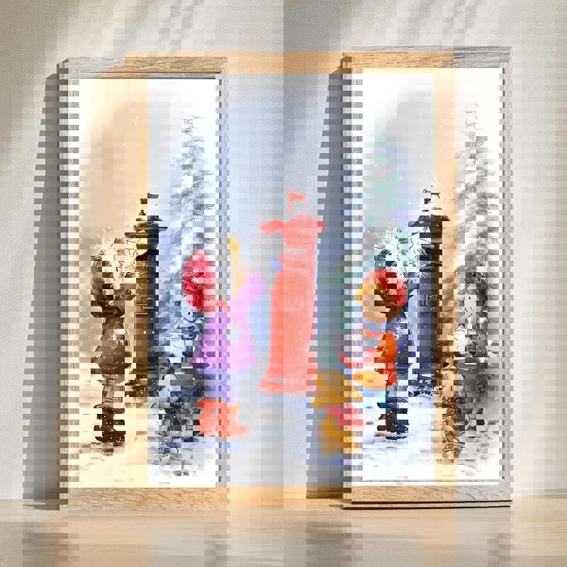 Little girl and boy with letters Christmas watercolor canvas for kids decor, pastel tones with snowy village backdrop | Family Wall Decor