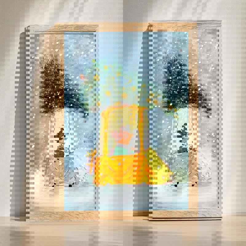 Christmas mouse carrying tree on car canvas for kids' room, whimsical holiday wall art with red car and snowy evergreen scene | Family Wall Decor