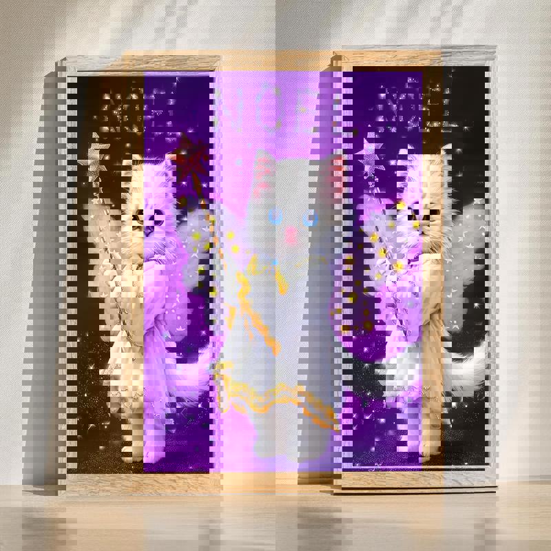 Noel Cat canvas, festive Christmas art with playful kitty in Santa hat and stars, perfect for kids' room wall decor | Family Wall Decor