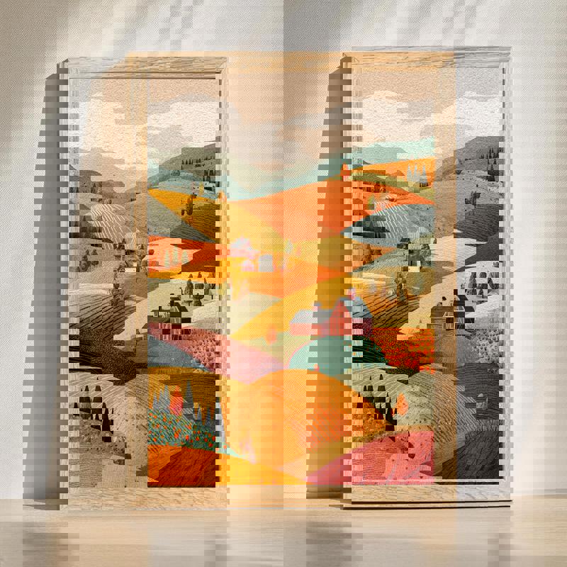 Serene pine forest and sunburst canvas wall art, playful pastel landscape for nursery room decor, horizontal orientation