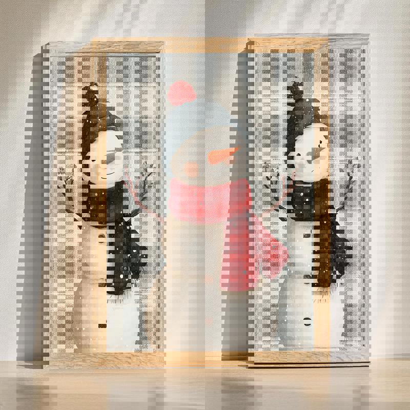 Snowman canvas wall art with red scarf and top hat, whimsical design for kids' room winter decor, portrait orientation | Familywalldecor