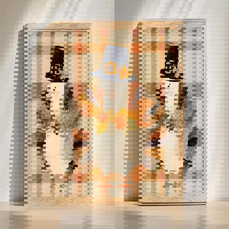 Thanksgiving turkey canvas for kids' room decor, cartoon with pumpkins and fall leaves, warm colors, horizontal layout | Family Wall Decor