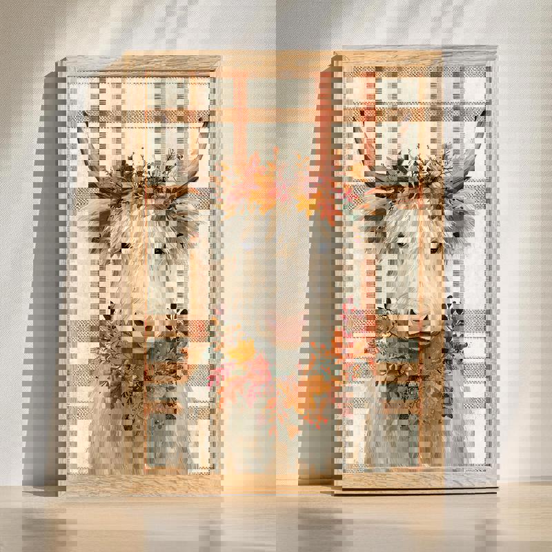 Thanksgiving white Highland cow canvas wall art with pumpkins and autumn leaves, whimsical decor for kids' room or nursery Thanksgiving white Highland cow canvas wall art with pumpkins and autumn leaves, whimsical decor for kids' room or nursery