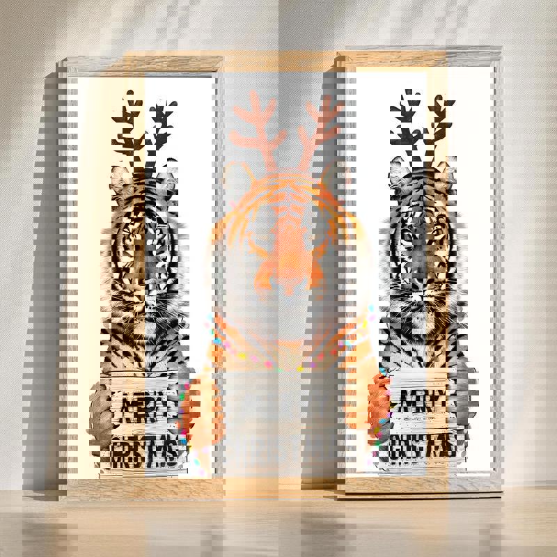 Christmas tiger canvas wall art for kids' room decor, cute tiger in Santa hat with snowflakes and gifts, playful illustration | Family Wall Decor