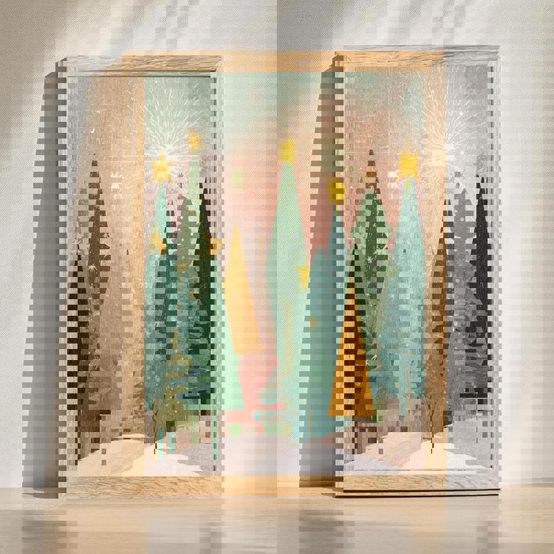 Whimsical Christmas mountain scene canvas with snowy peaks and evergreen trees, bright palette for kids' room decor | Family Wall Decor