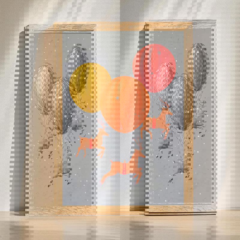 Whimsical deer balloon ride canvas wall art in vintage pastels, fawn lifted by balloons among soft clouds, nursery decor | Family Wall Decor