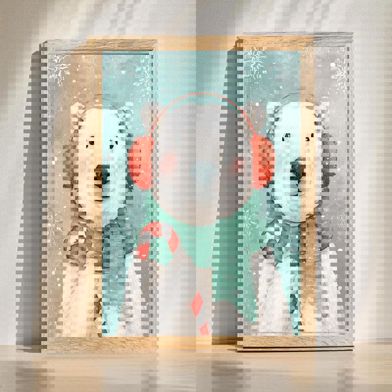 Whimsical polar bear canvas for kids' room decor, soft pastel palette and watercolor style, portrait orientation | Family Wall Decor