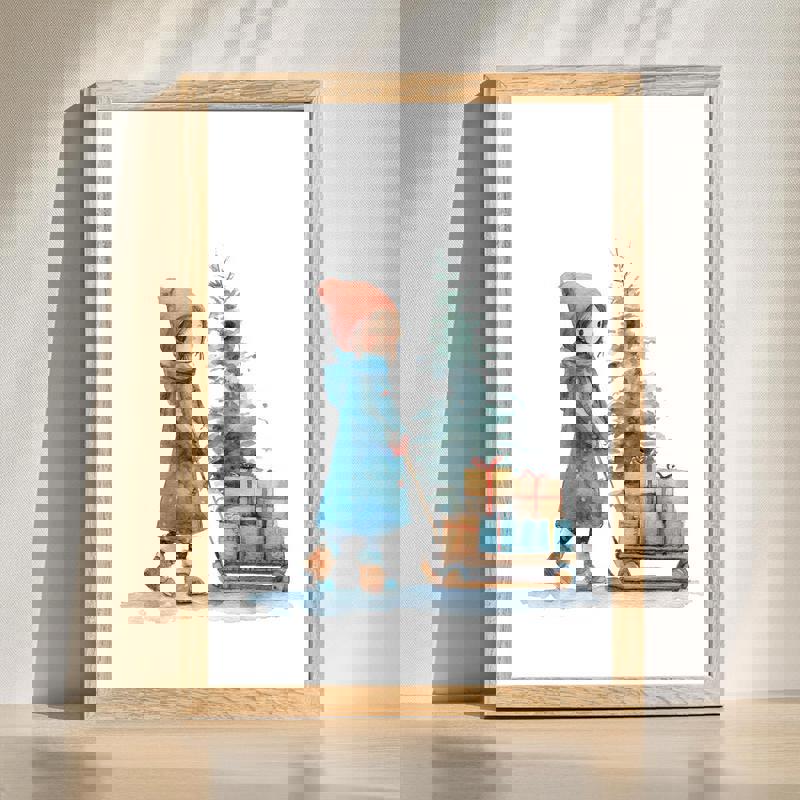 Whimsical watercolor girl with sled and Christmas gifts canvas, festive winter wall art for children’s room decor