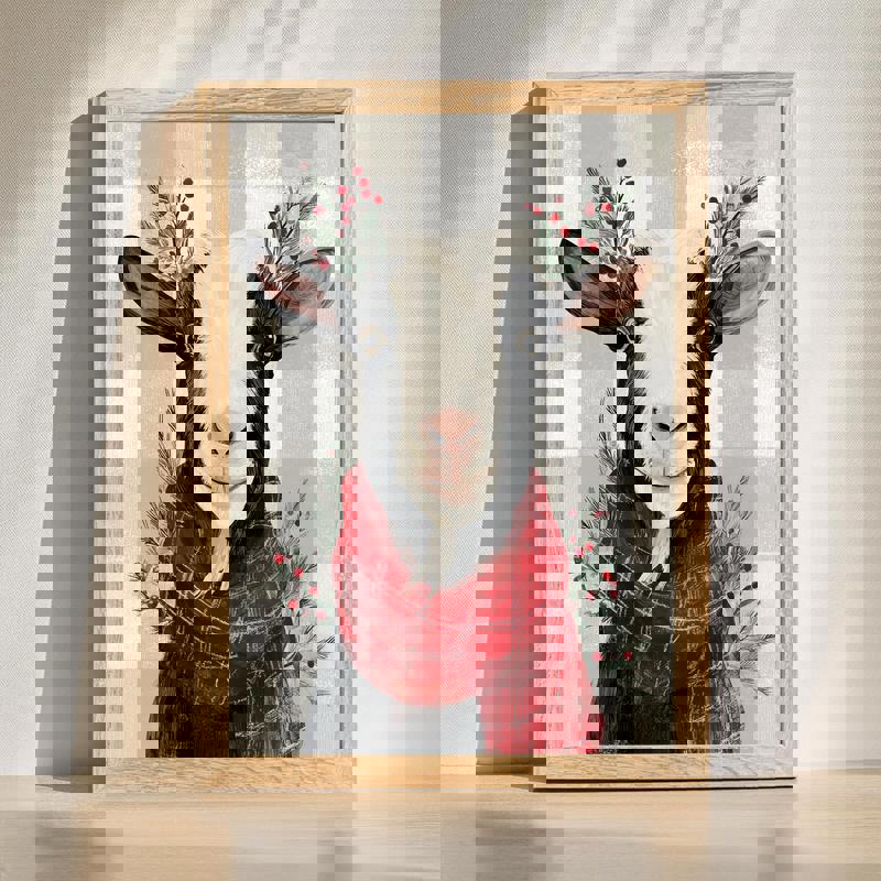 Christmas goat canvas wall art for kids' room, whimsical festive illustration with cheerful goat and holiday accents | Family Wall Decor