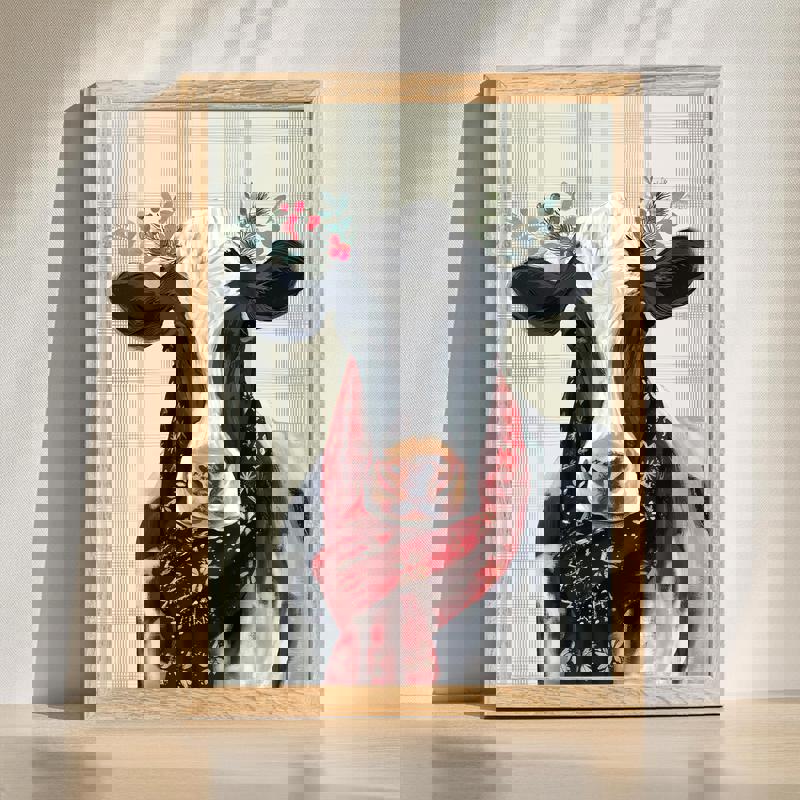 Yuletide cow canvas wall art for kids' room, whimsical holiday illustration in portrait orientation, cheerful nursery decor. | Family Wall Decor