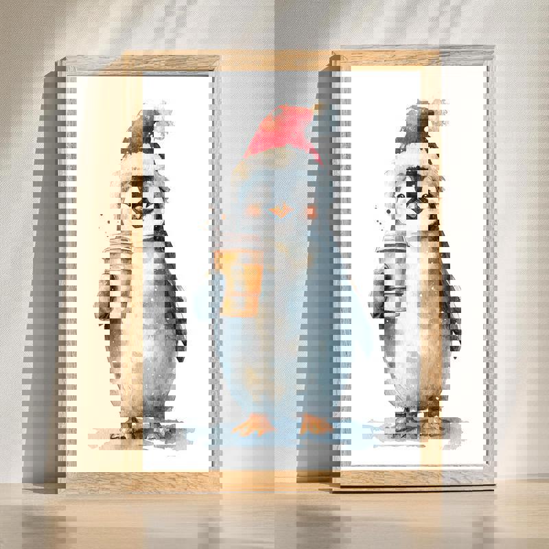 Christmas baby penguin canvas wall art in kawaii style, snowy holiday accents, cozy home office decor, portrait orientation