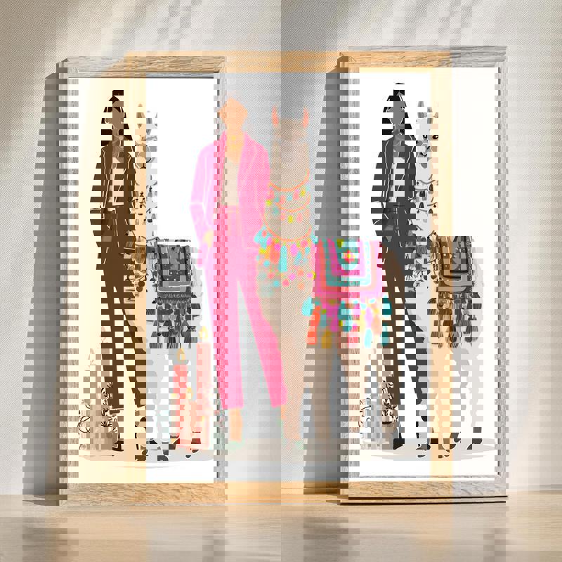 Christmas llama canvas wall art with Santa hat and string lights, festive home office and workspace decor in red tones | Familywalldecor