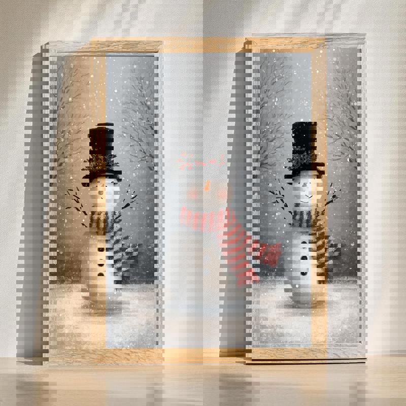 Christmas snowman canvas wall art with red scarf and top hat, snowy pine trees and falling snow, home office holiday decor | Familywalldecor