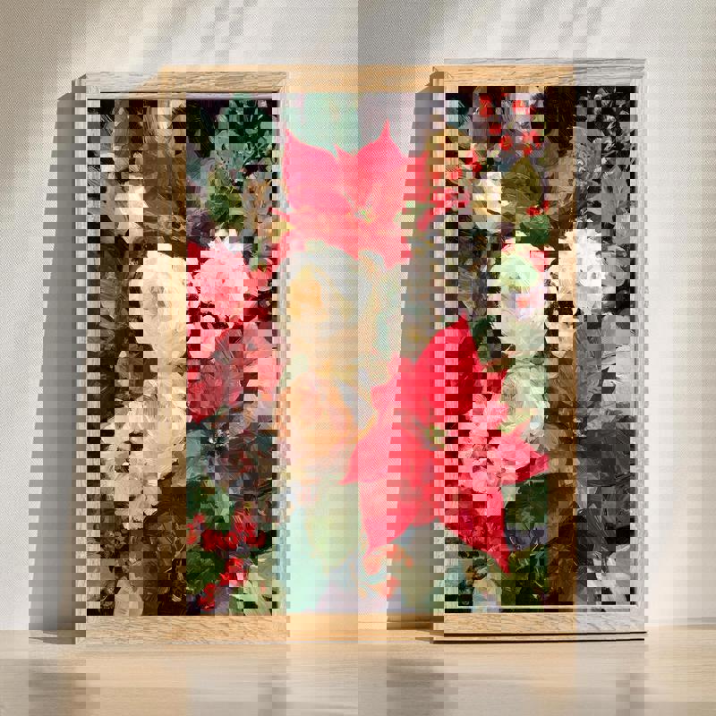 Cozy Christmas red and white floral canvas with poinsettias, berries, and greenery, horizontal for home office decor | Familywalldecor