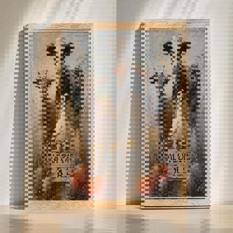 Farmhouse fall animals stacked canvas wall art with Welcome Fall sign, rustic autumn palette, portrait for home office | Familywalldecor