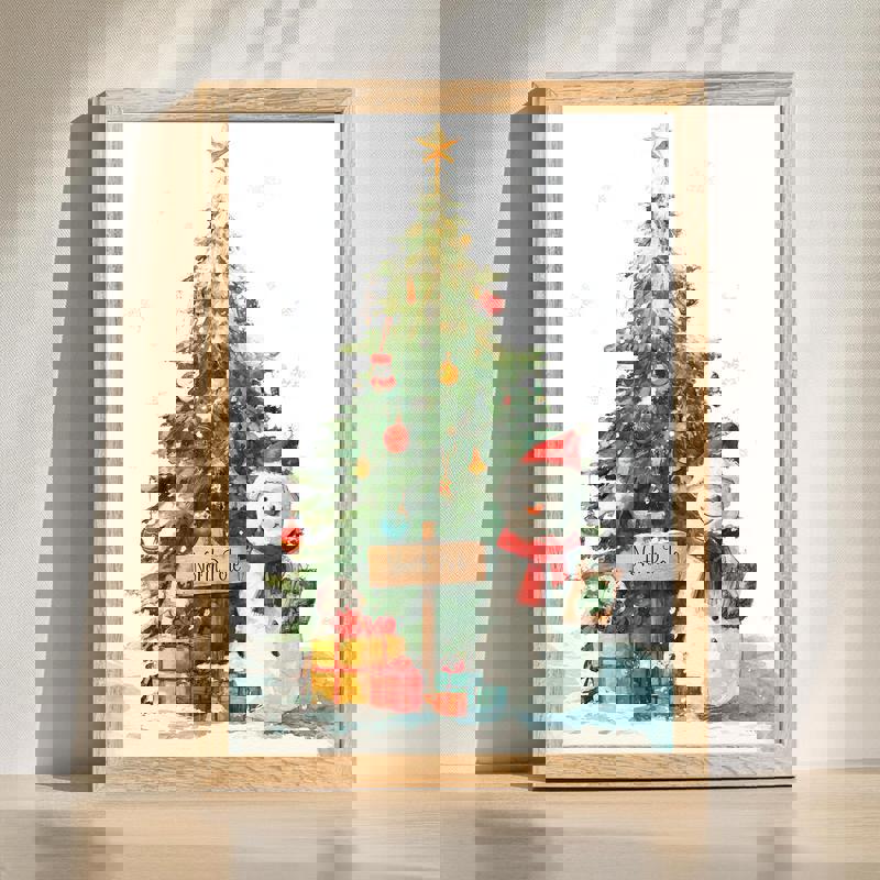 Festive Christmas tree and snowman canvas, landscape winter night with twinkling lights for home office holiday decor | Familywalldecor