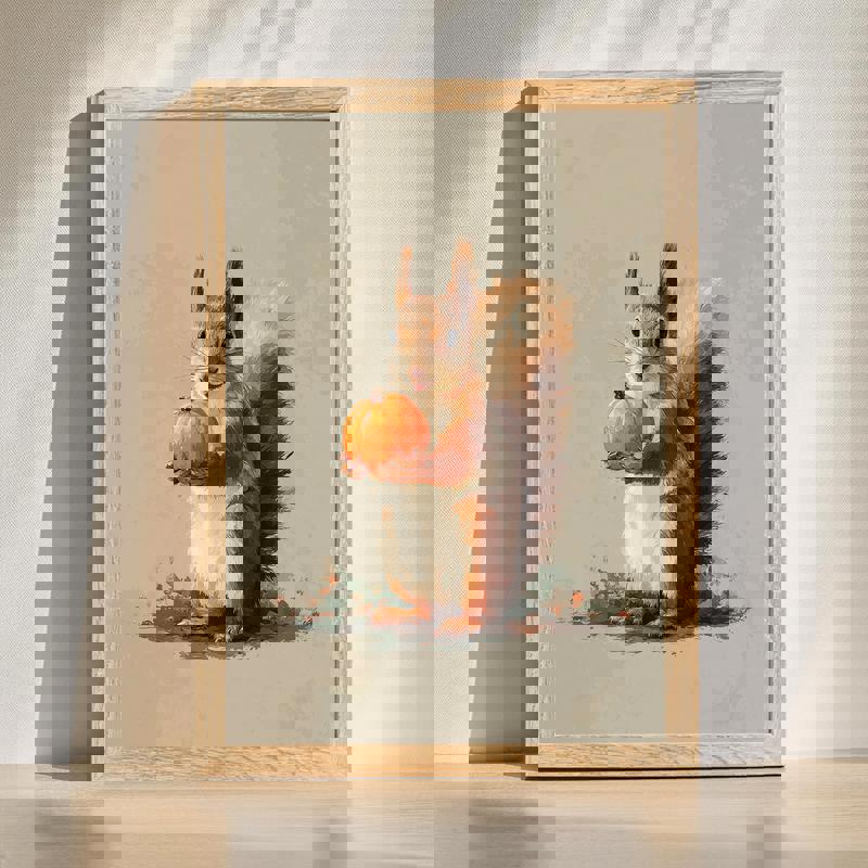 Funny Thanksgiving squirrel canvas wall art for home office decor, cute autumn scene with fall leaves in warm harvest colors | Familywalldecor