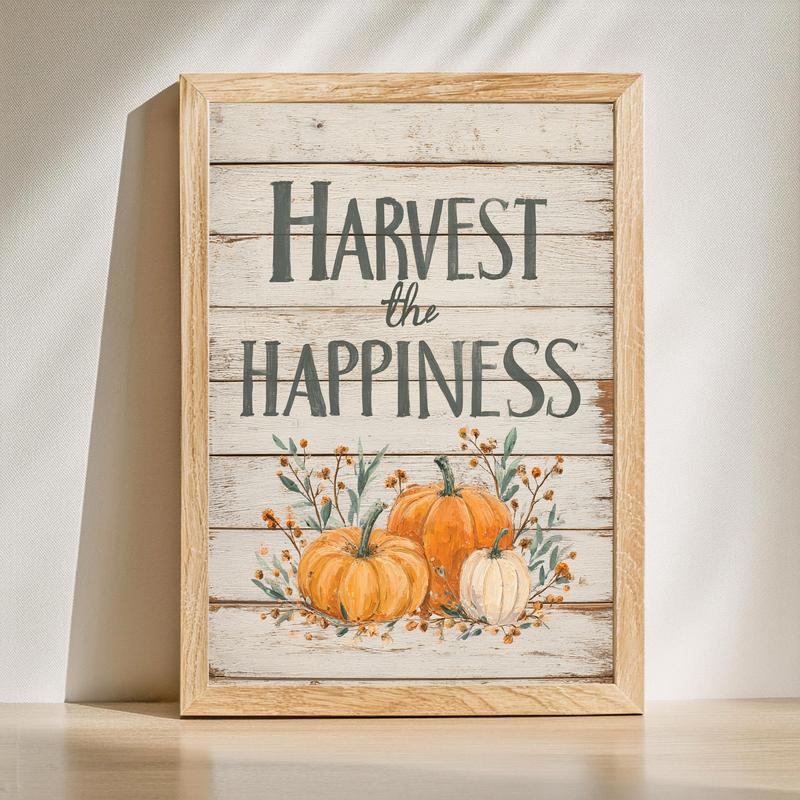 Harvest the Happiness canvas wall art for rustic home office decor, autumn palette with distressed typography landscape | Family Wall Decor DE