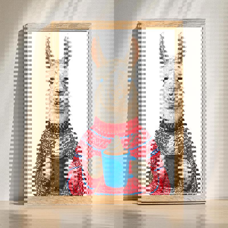 Holiday llama with hot cocoa canvas, cute Christmas art for home office wall decor in a whimsical winter illustration | Familywalldecor