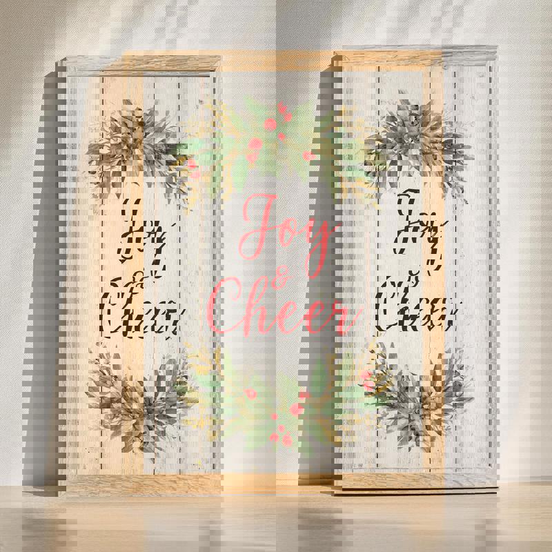 Christmas Joy & Cheer canvas wall art with elegant script on light rustic wood, vertical design for home office holiday decor | Family Wall Decor