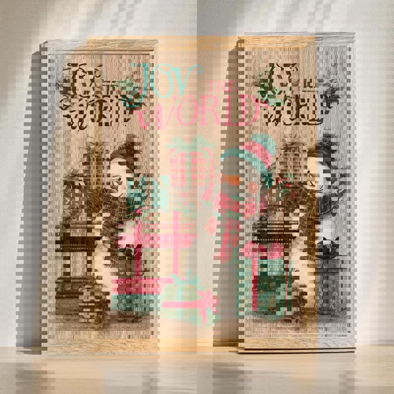 Snowman Christmas canvas wall art with "Joy to the World" script, rustic farmhouse style for cozy home office holiday decor. | Familywalldecor