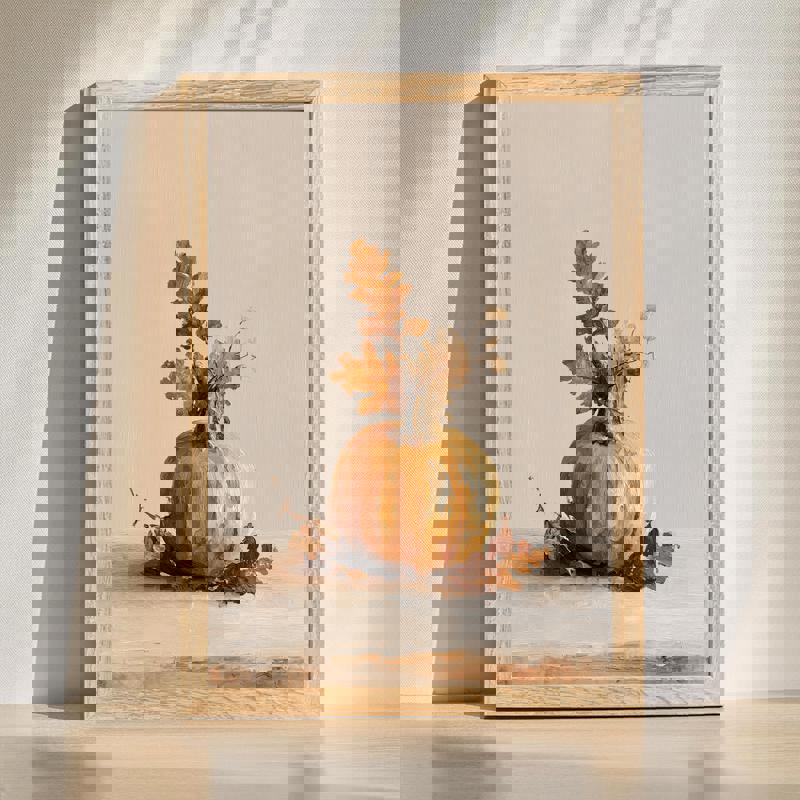 Minimalist pumpkin canvas wall art for farmhouse fall decor, neutral beige tones, vertical orientation for a cozy home office | Familywalldecor