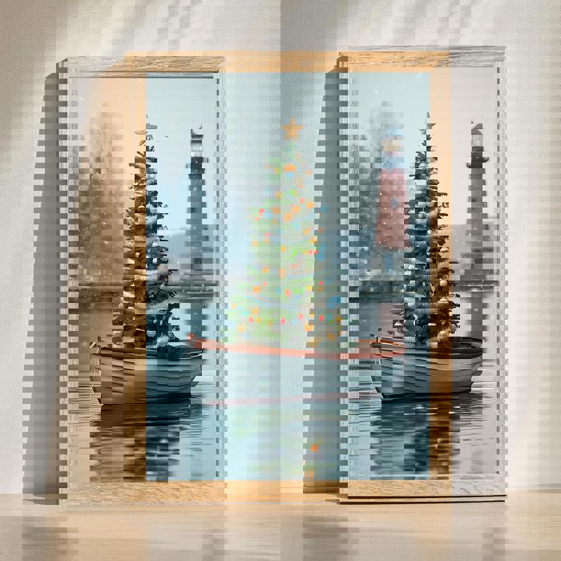 Nautical Christmas tree canvas with a lit tree in a wooden rowboat by the shore, coastal holiday wall art for living rooms | Family Wall Decor