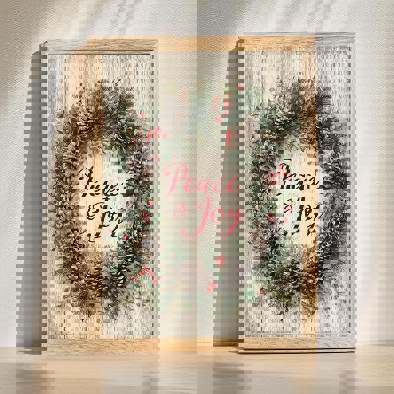 Peace & Joy wreath Christmas canvas wall art in rustic farmhouse style, pine and red berries, seasonal decor for home office | Familywalldecor