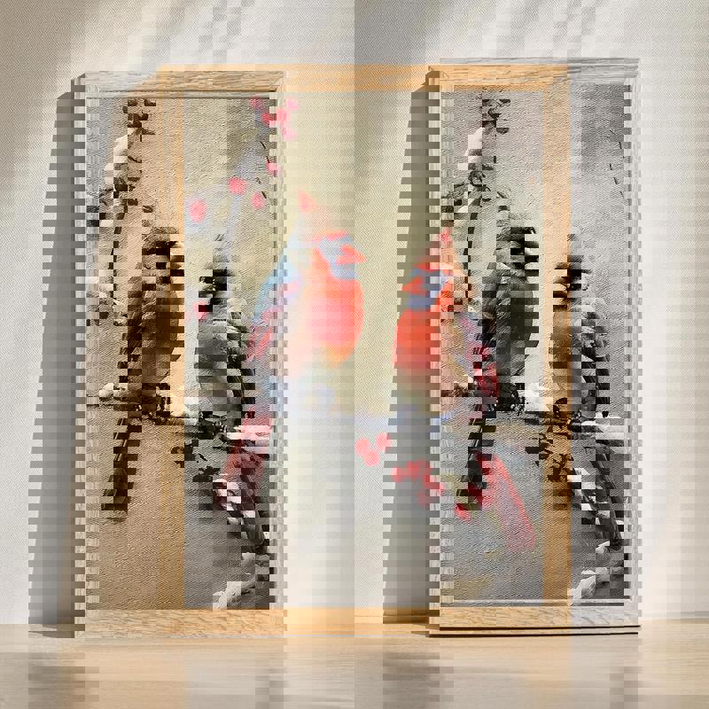 Red cardinals on pine branch canvas wall art, winter holiday decor for home office, snow-dusted pine needles, winter accents | Familywalldecor