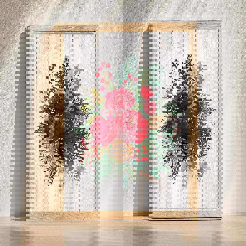 Rustic rose and pinecone holiday canvas wall art with red roses, snow-dusted evergreens; landscape for a cozy home office | Familywalldecor