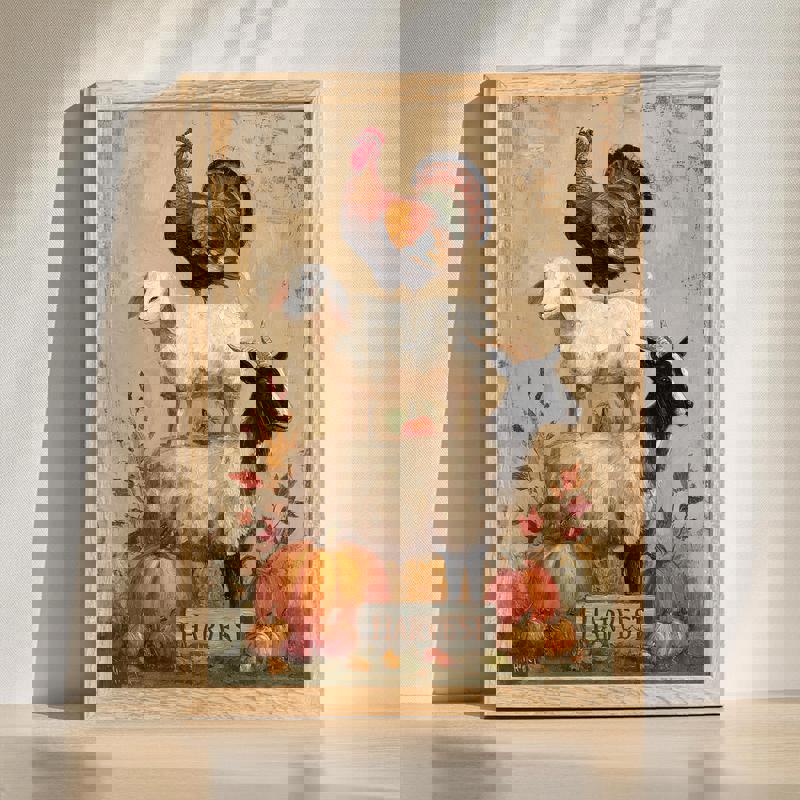 Thanksgiving farm animals canvas with stacked sheep, goat and turkey, Harvest sign, rustic fall home office wall decor | Familywalldecor