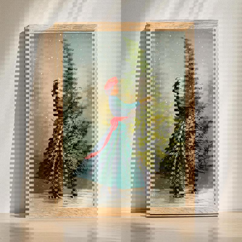 Vintage Christmas lady with pine tree canvas wall art for elegant home office decor, retro holiday portrait in muted tones | Familywalldecor