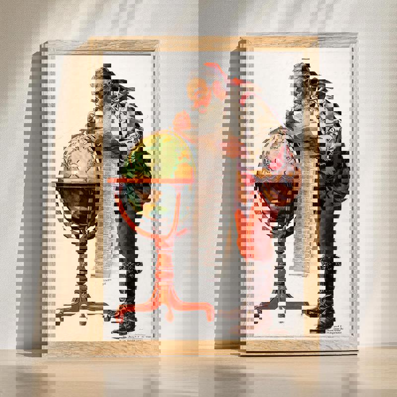 Vintage Santa with globe canvas wall art, Norman Rockwell-style portrait in warm sepia, ideal for home office holiday decor | Familywalldecor