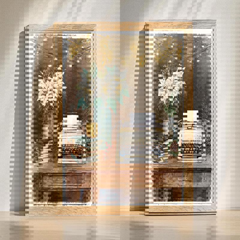 Vintage typewriter canvas wall art on a farmhouse-style desk, festive home office decor accent for cozy seasonal interiors | Familywalldecor