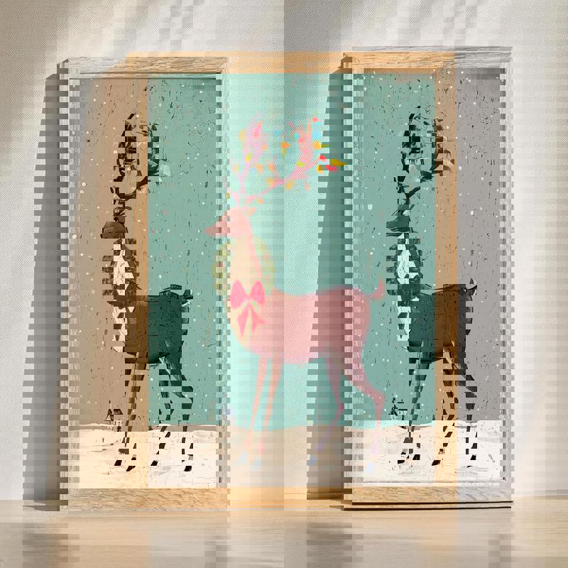 Whimsical Christmas deer canvas wall art with festive wreath and red berries, portrait orientation, home office holiday decor | Familywalldecor