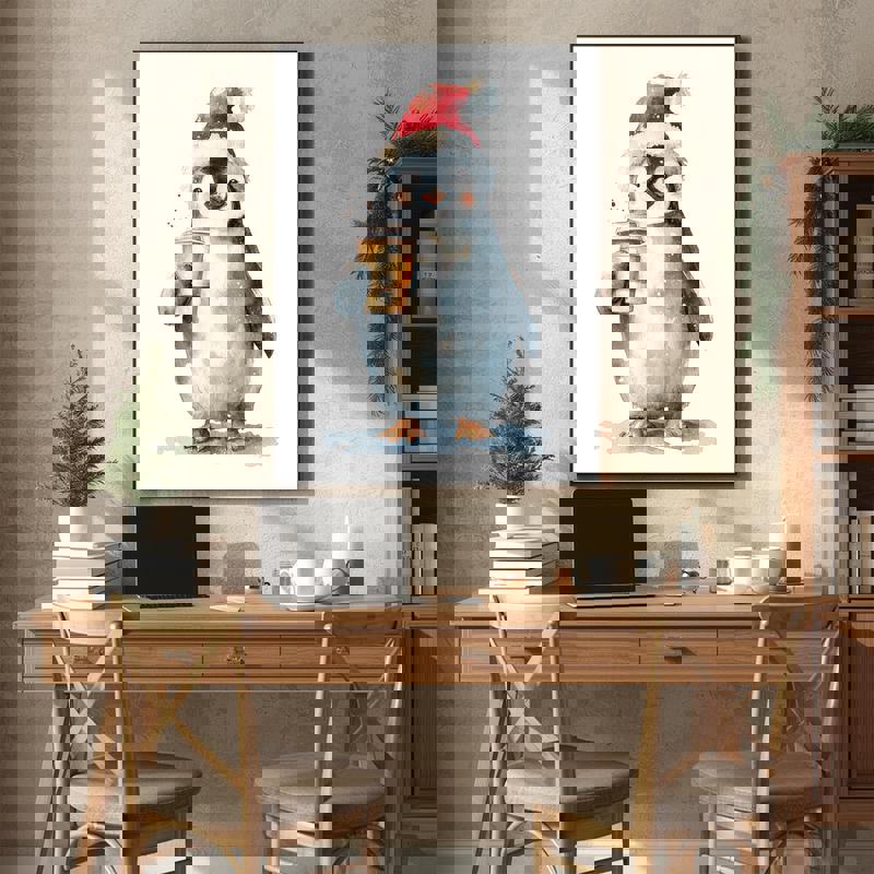 Christmas baby penguin canvas print, kawaii pastel palette with twinkling stars, square format wall decor for home offices