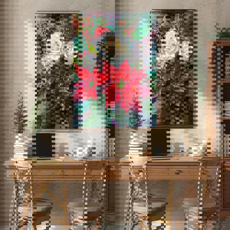 Red and white floral canvas print, elegant seasonal wall art for Christmas, thoughtful holiday gift for coworkers or friends